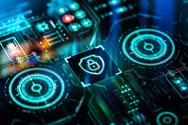 Cybersecurity testing with glowing keyhole icon.