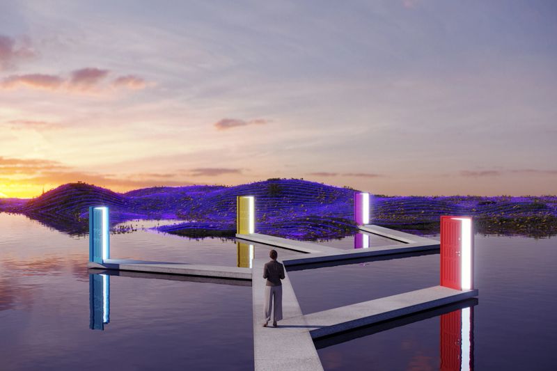 Woman standing on the platform which includes lots of doors and choices. (3d render)