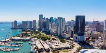 A sunny cityscape showing a coastal skyline with boats and tall buildings.