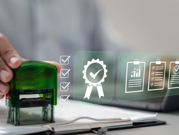 Hand holding a stamp with digital icons of checklists and quality assurance.
