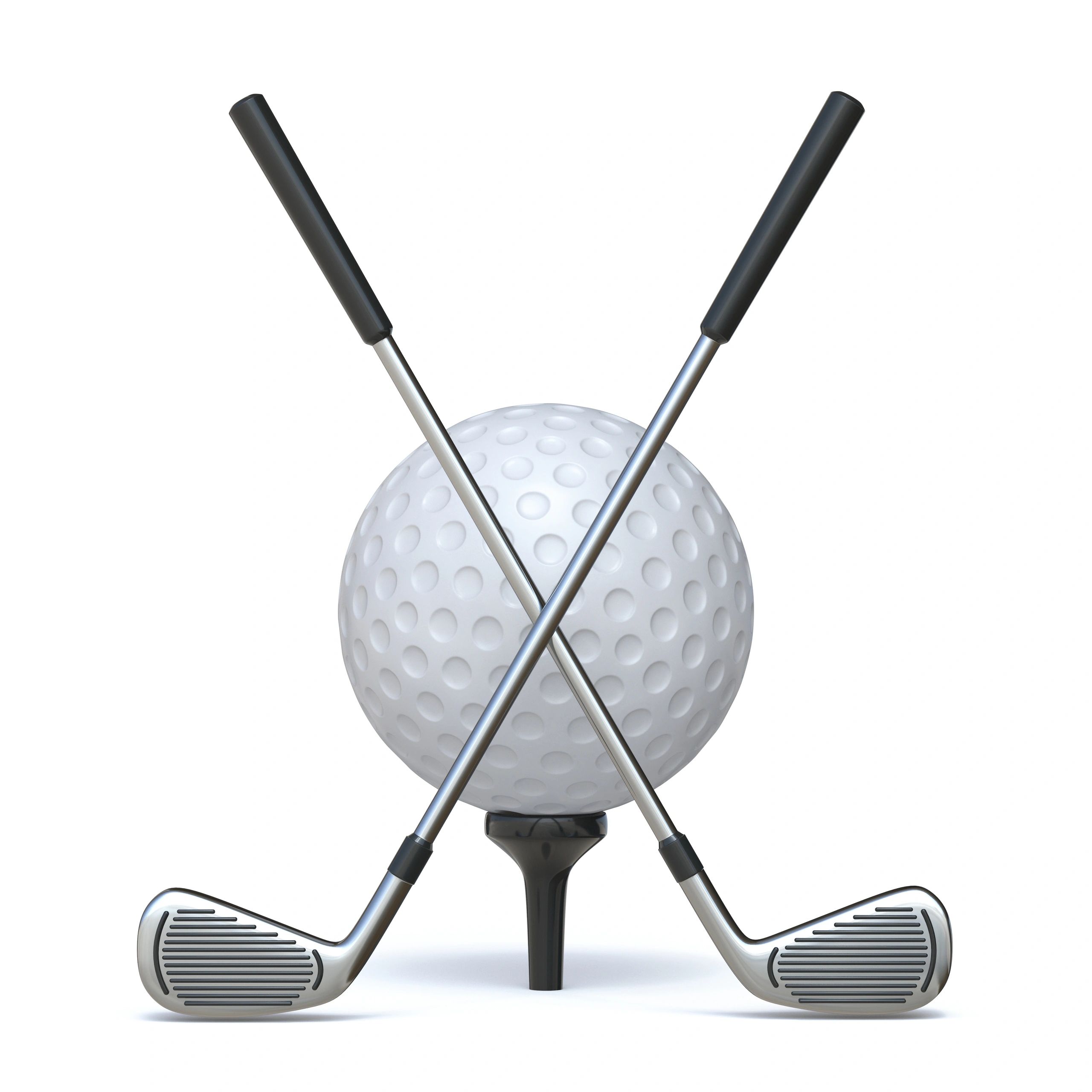 Two crossed golf clubs behind a golf ball on a tee.
