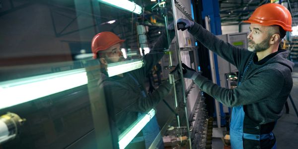 Worker inspecting glass panel in factory.