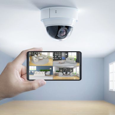 Security camera and smartphone monitoring indoor spaces.