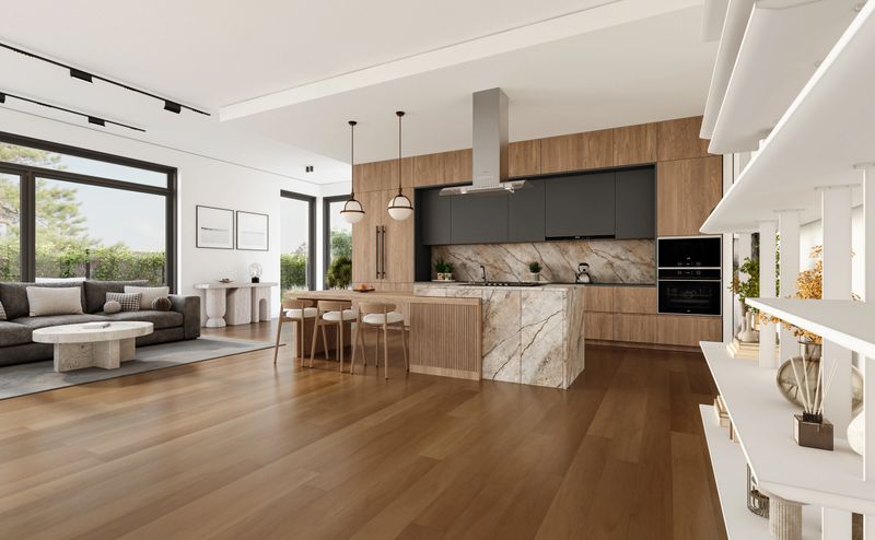Open space living room and kitchen interior with large windows, gray sofa, dining table and hardwood flooring. Modern design solution, 3d rendering
