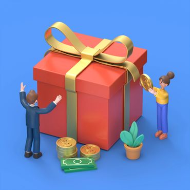 Two figures with money beside a large gift box wrapped in gold ribbon.