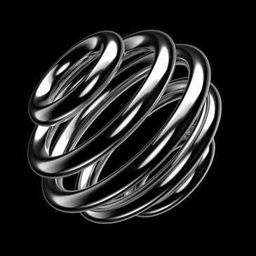 Shiny metallic rings intertwined in a spherical shape on black background.