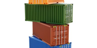 Stack of colorful shipping containers piled unevenly.