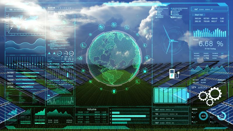 Advanced interface displaying renewable energy analytics with solar panels, wind turbine, and a digital globe, highlighting sustainable energy management. 3d rendering