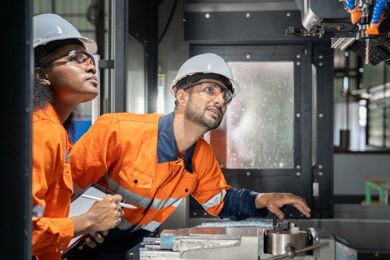 Engineer Team Engages in Training and Discussion Around Milling Machine, Showcasing Professionalism and Expertise in Industrial Manufacturing.