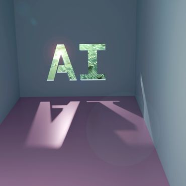Letters 'AI' cut out on wall with circuit board texture inside and their shadow on the floor.
