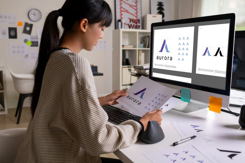 Asian Graphic designer working in office. Designing logo Artist Creative Designer Illustrator Graphic Skill Concept.