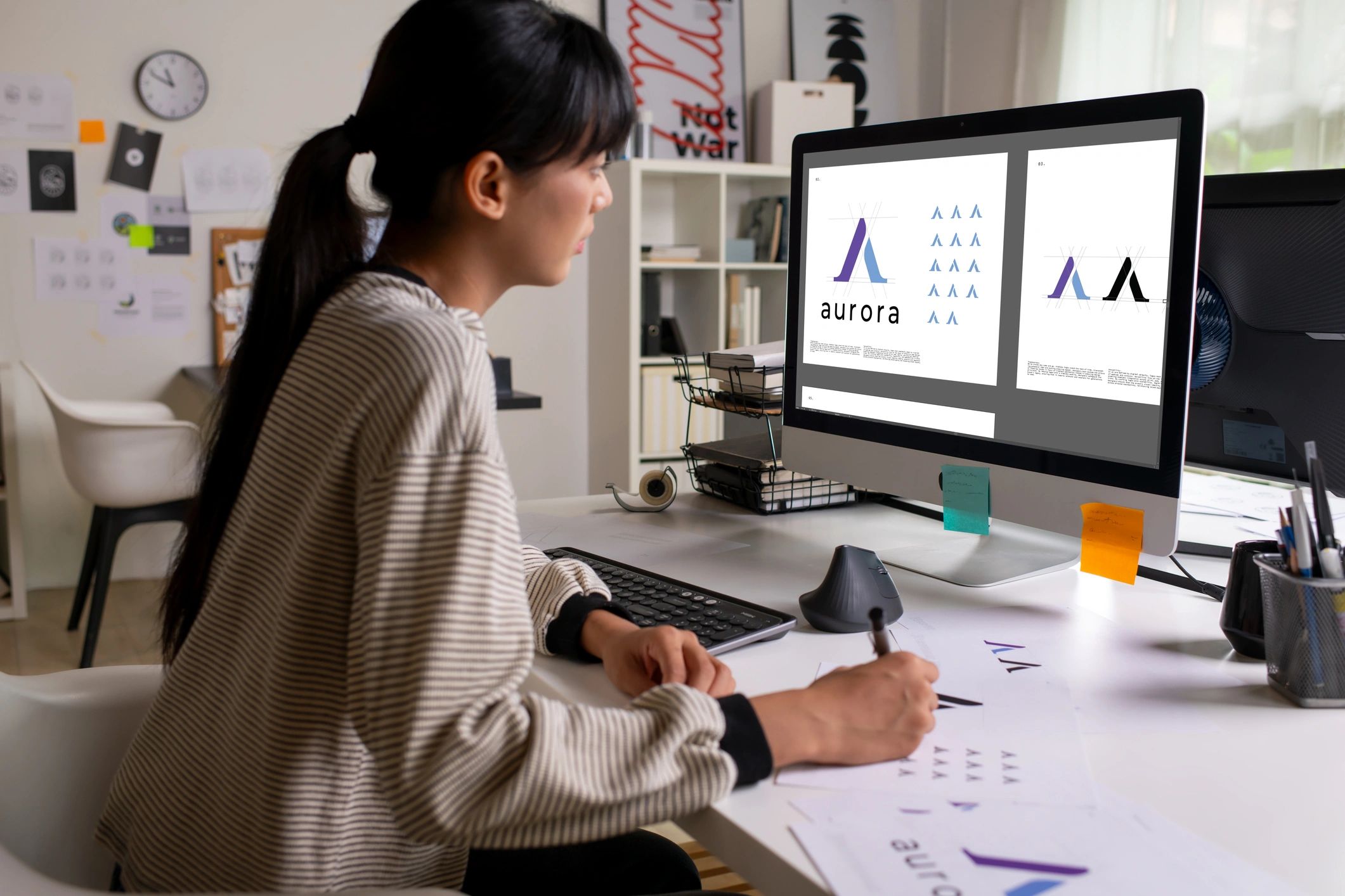 Woman designing logos at her desk.