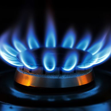 Close-up of a blue gas flame burning on a stove burner.