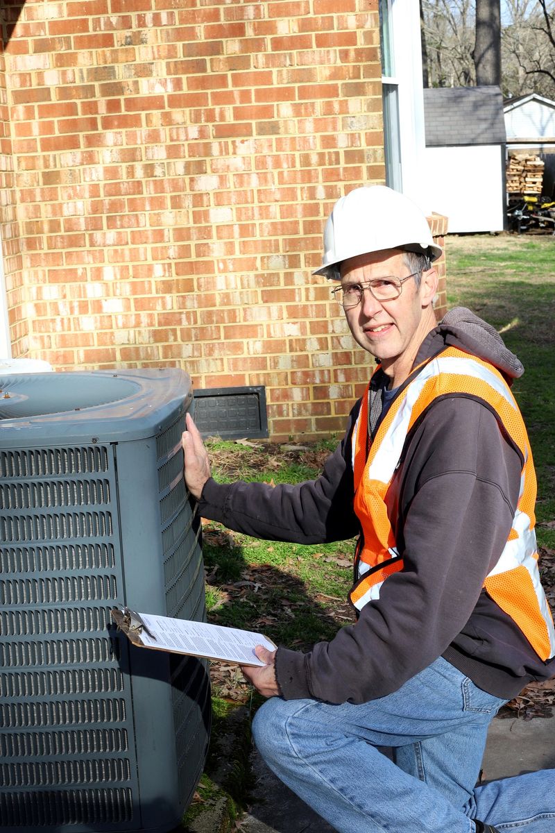 Home inspection of central air unit by a maintenance worker