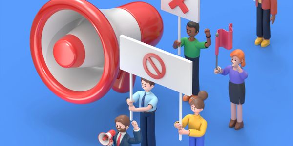3D illustration of diverse people protesting with signs and a megaphone.