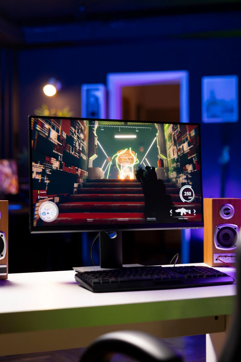 Videogame with gun and health, stamina, ammo HUDs left open on PC monitor in empty neon illuminated apartment. First person shooter game on computer display in home room late at night