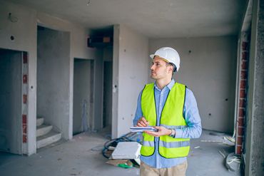 Construction worker inspecting a site with a hard hat and safety vest.