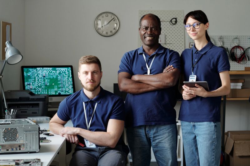Team of successful intercultural technicians in blue uniform looking at you while standing in front of camera in repair service office