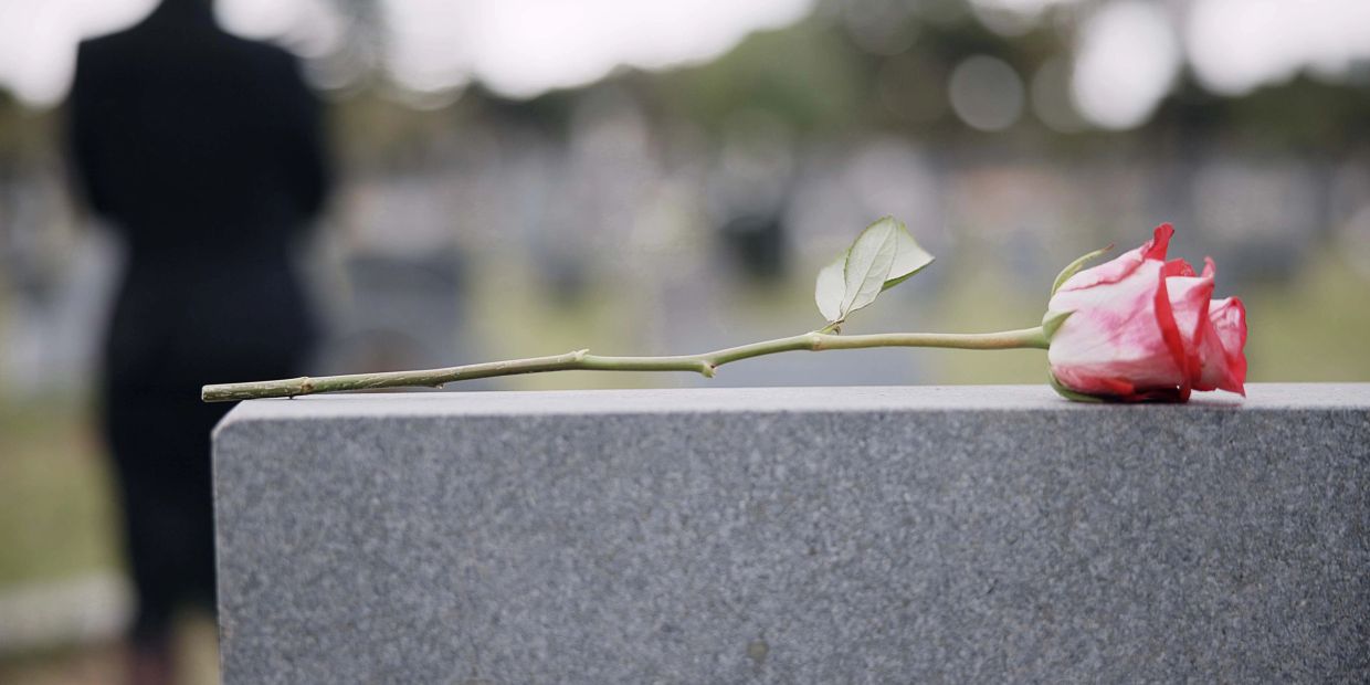 Single rose on a gravestone at a cemetery.