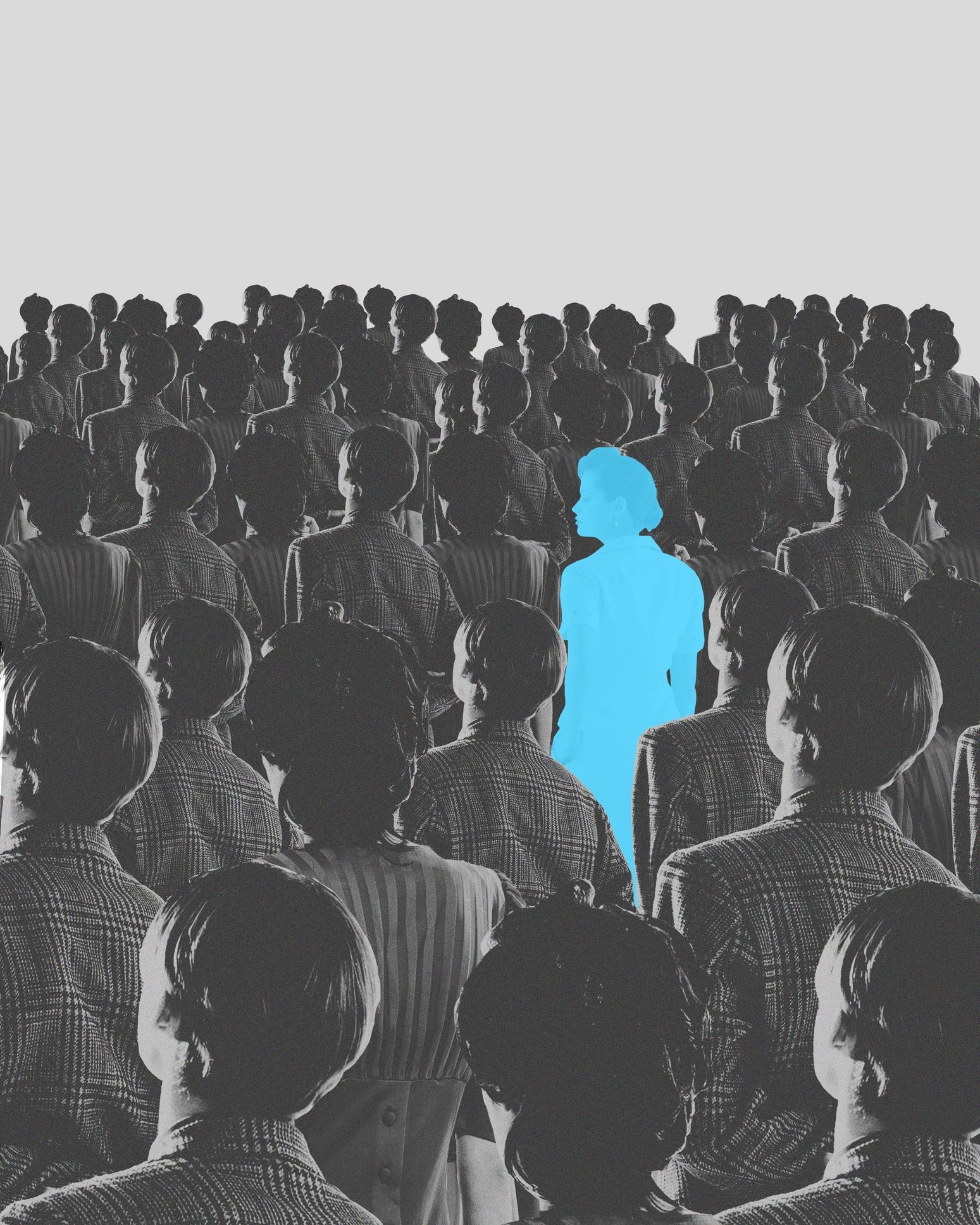 One person highlighted in blue stands out in a crowd of identical figures.