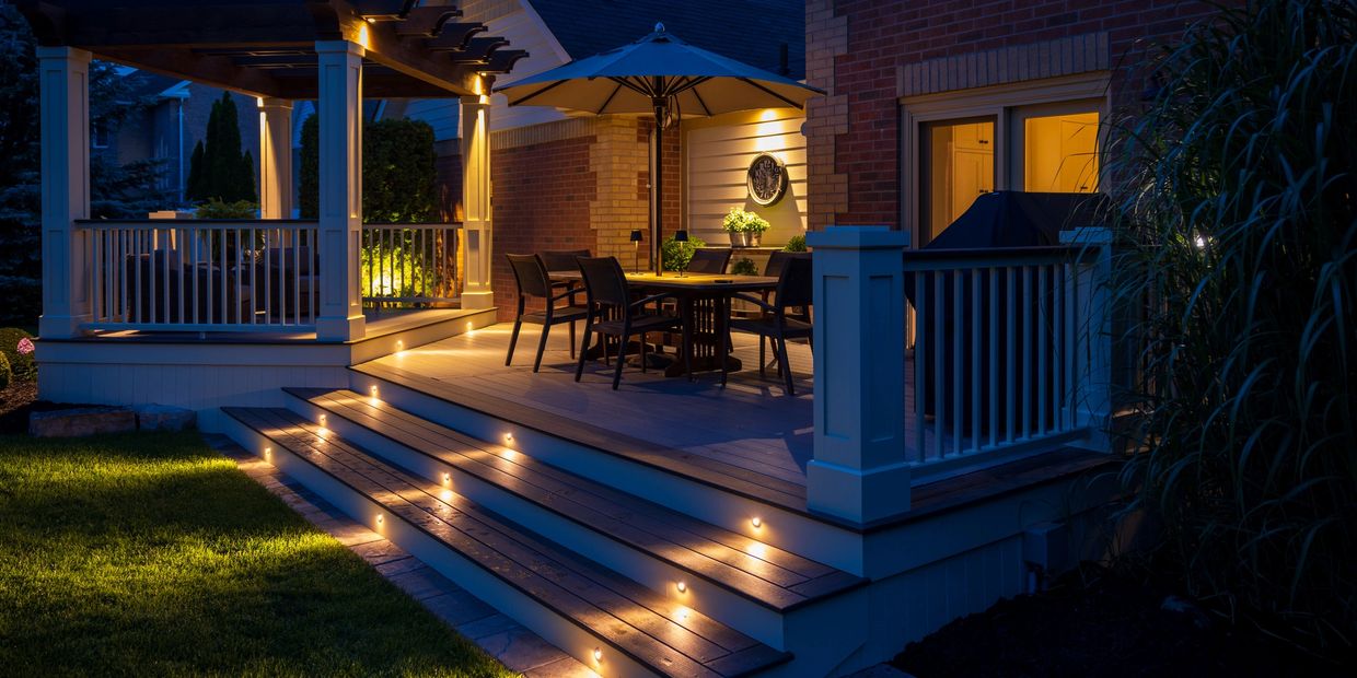 Cozy outdoor patio with warm lighting and a dining set under an umbrella at night.