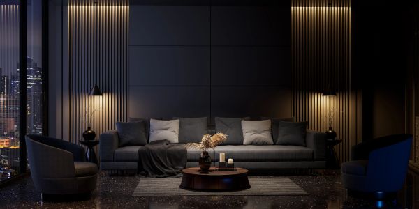 Modern dark-toned living room with sofa and city view.