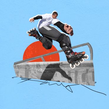 Patinador haciendo un truco con patines en línea.