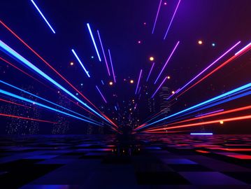 Vibrant neon lights streak across a dark digital grid.