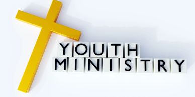 Yellow cross with 'Youth Ministry' spelled out in blocks.