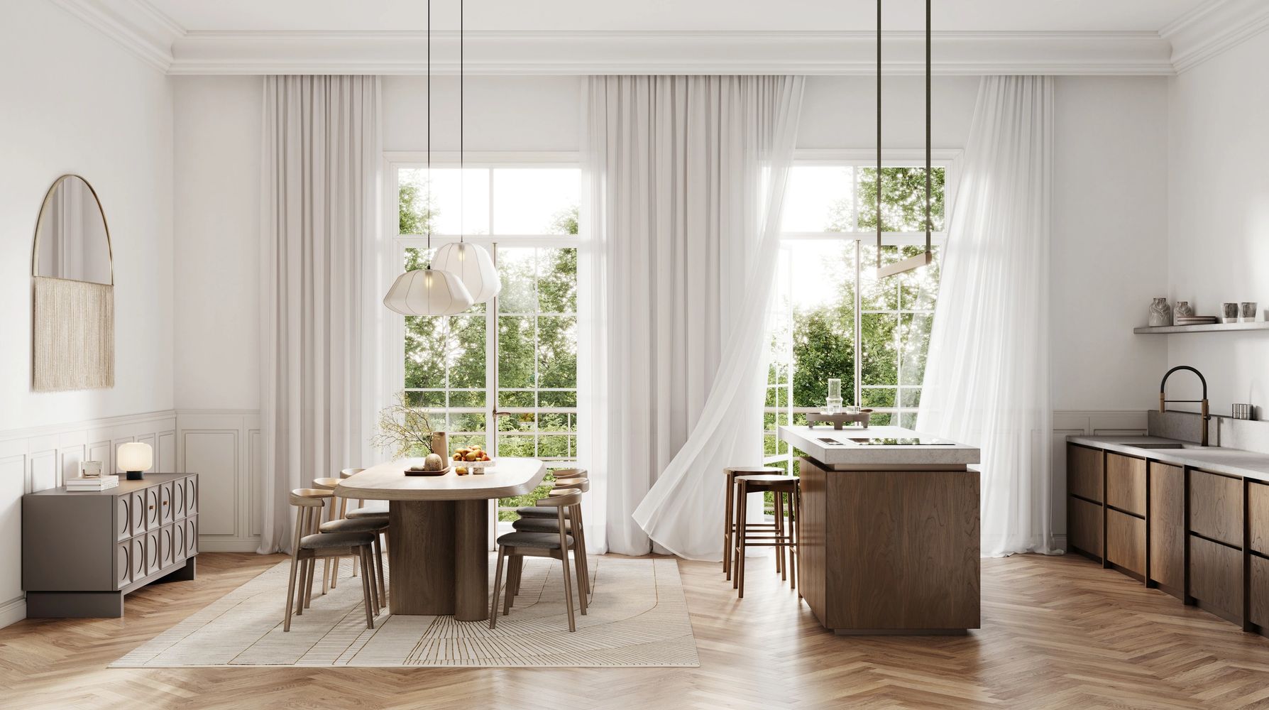 Bright modern kitchen and dining area with wooden furniture and large windows.