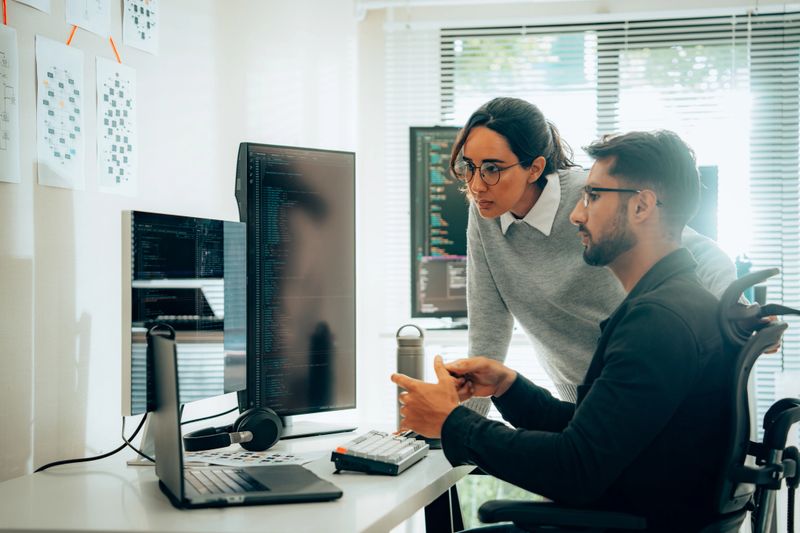 Two technology professionals work diligently in a bright office setting, one focusing on a laptop while the other engages with a large monitor, coding together.
