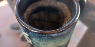 A close-up of a coffee mug with a snake curled inside.