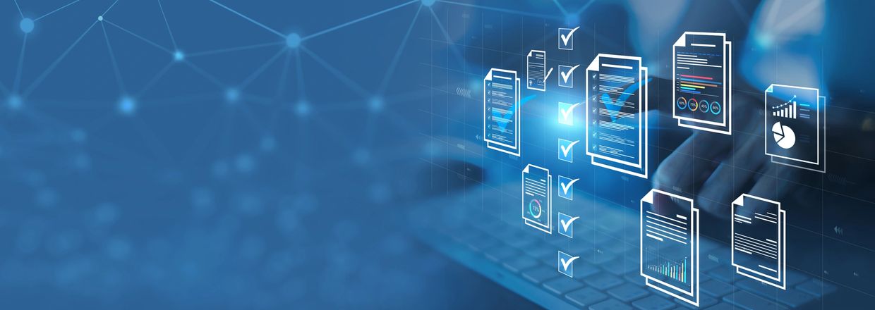 Digital document management and data analysis on a laptop interface.
