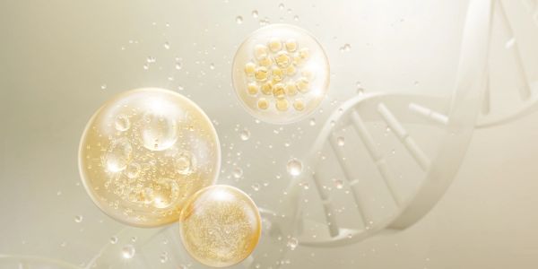 Golden cells and DNA strand in a soft, glowing background.
