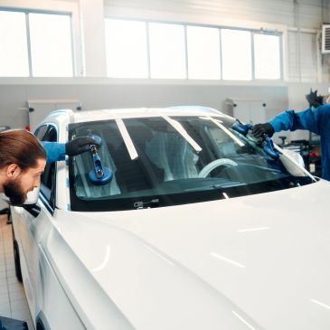 Two workers installing a windshield on a white car.