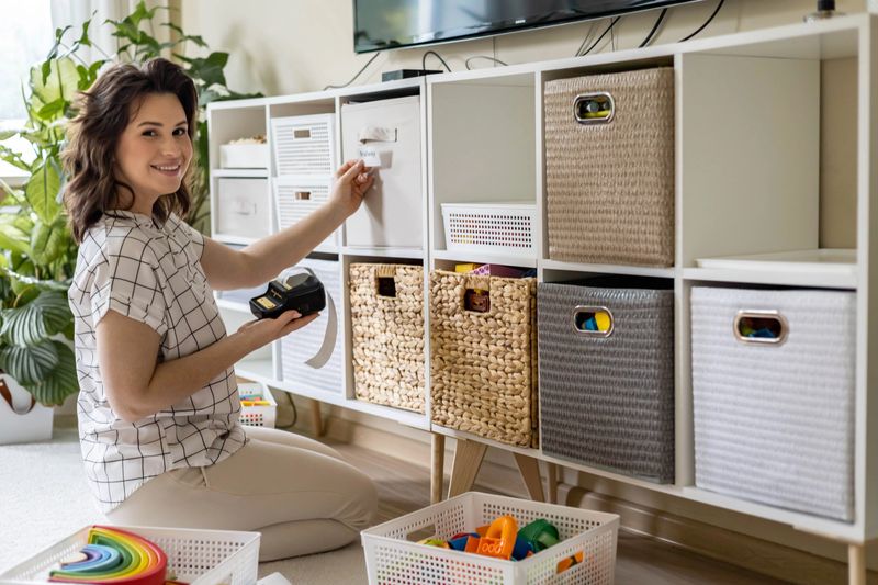 Smiling woman applying paper print sticker with title inscription kids toy storage organizing at home. Female mother clean out sorting plaything use mobile label printer tag mark for basket container