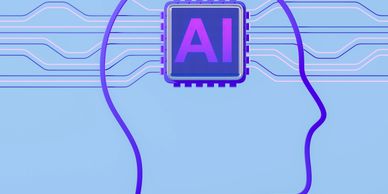 Outline of a human head with an AI chip inside, symbolizing artificial intelligence.