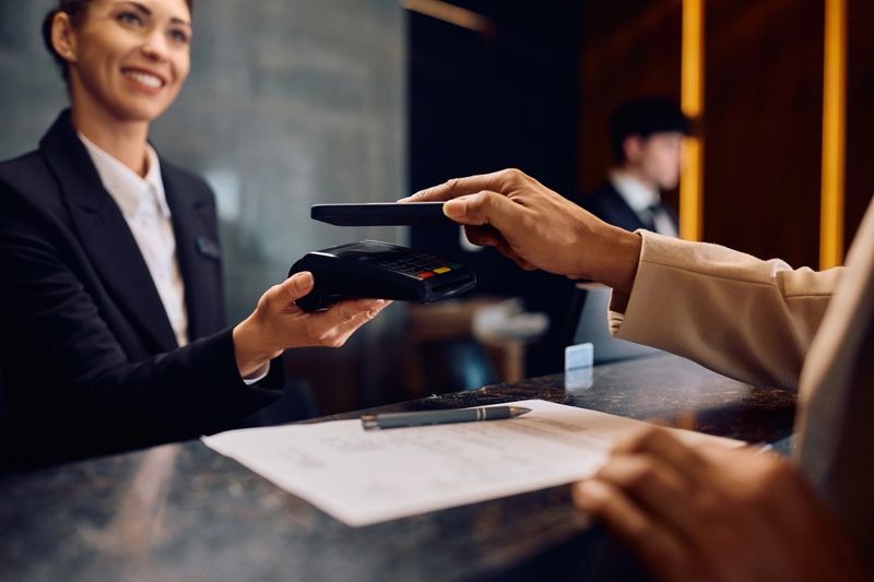 Close up of hotel guest paying contactless with his mobile phone at reception desk.