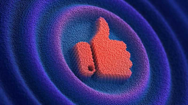 Like sign on the futuristic neon wavy pixelated background. Thumbs up symbol. Social media 3d illustration.