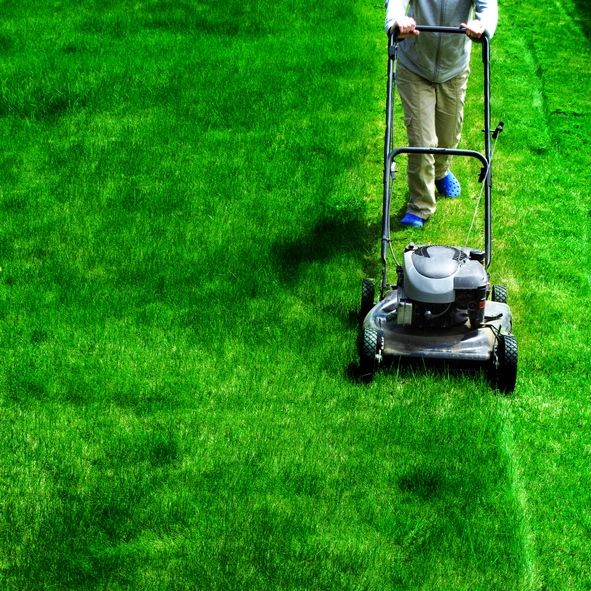 Young Girl Mowing green grass lawn with push mower landscaing
