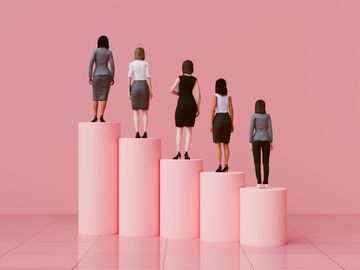 Women standing on descending pink podiums, symbolizing hierarchy or progress.