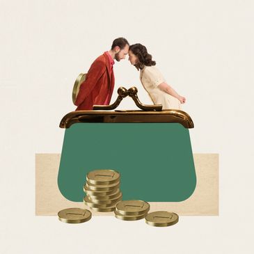 Couple leaning in over a large purse with coins spilling out.