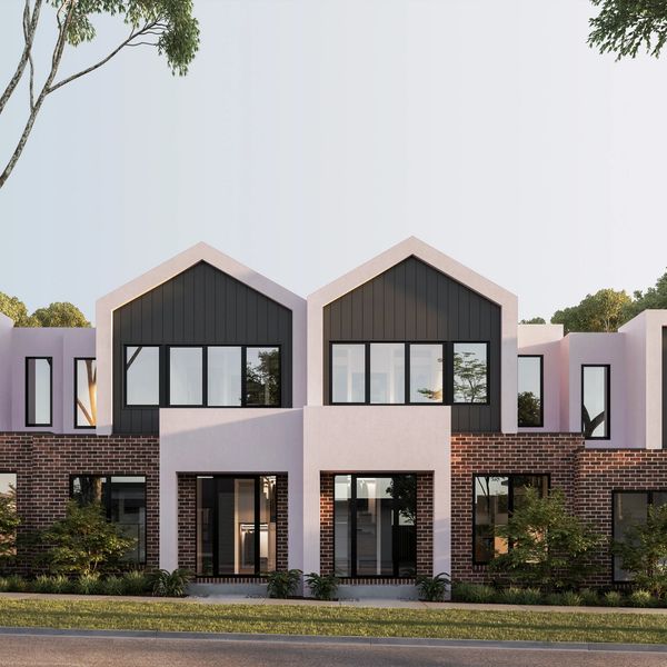 Row of residential townhouses with architecture design, windows, and landscape garden