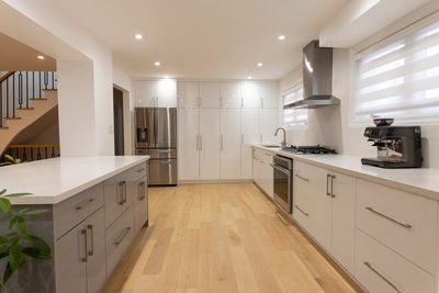Modern kitchen with white and gray cabinetry.