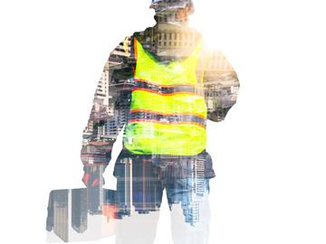 Double exposure of a construction worker with city buildings.