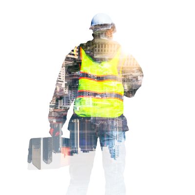 Double exposure of a construction worker with cityscape.