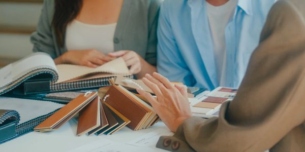 People reviewing wood samples and color swatches.