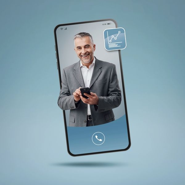 Hombre de negocios sonriendo dentro de la pantalla de un movil, sosteniendo un teléfono
