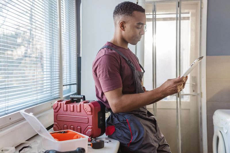 Photo of African American in uniform using digital tablet in customer's home