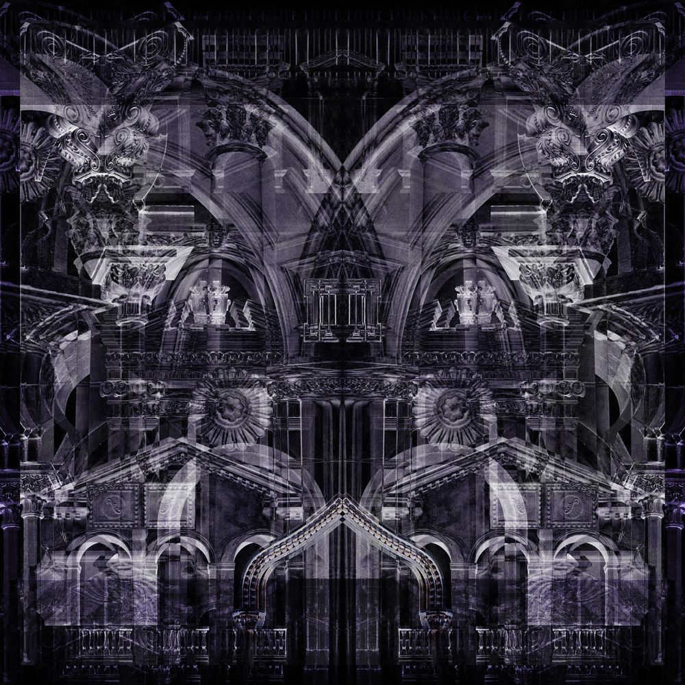 Abstract black and white image of layered gothic arches and ornate architecture, evoking a dark and atmospheric cathedral mood.